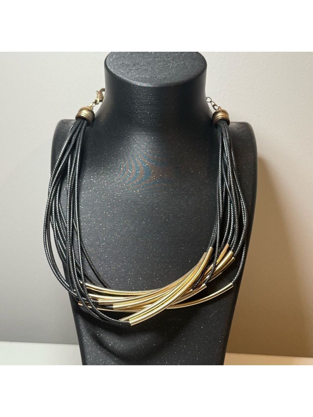 Black Cord Statement Necklace with Gold Tube Accents – Adjustable Length